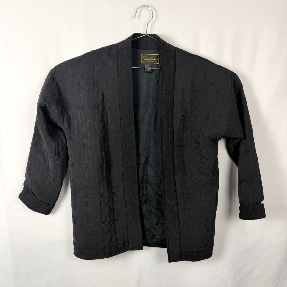 Diane Gilman Vintage 80s Quilted Black 100% Silk Open Front Jacket Women's Large